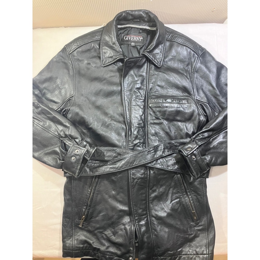 GIVERNY Black Leather Belted Jacket Mens Size S Made‎ in Indonesia